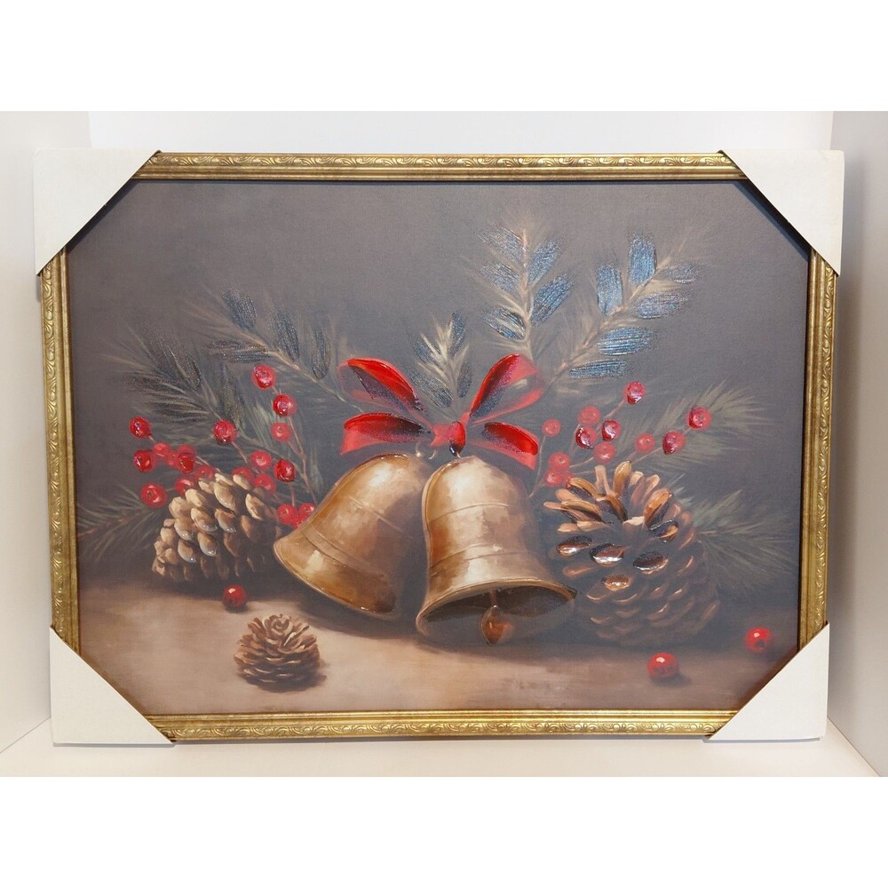 NEW Hobby Lobby Bells Pinecones & Berries Framed Wall Decor Christmas 24” X 18"